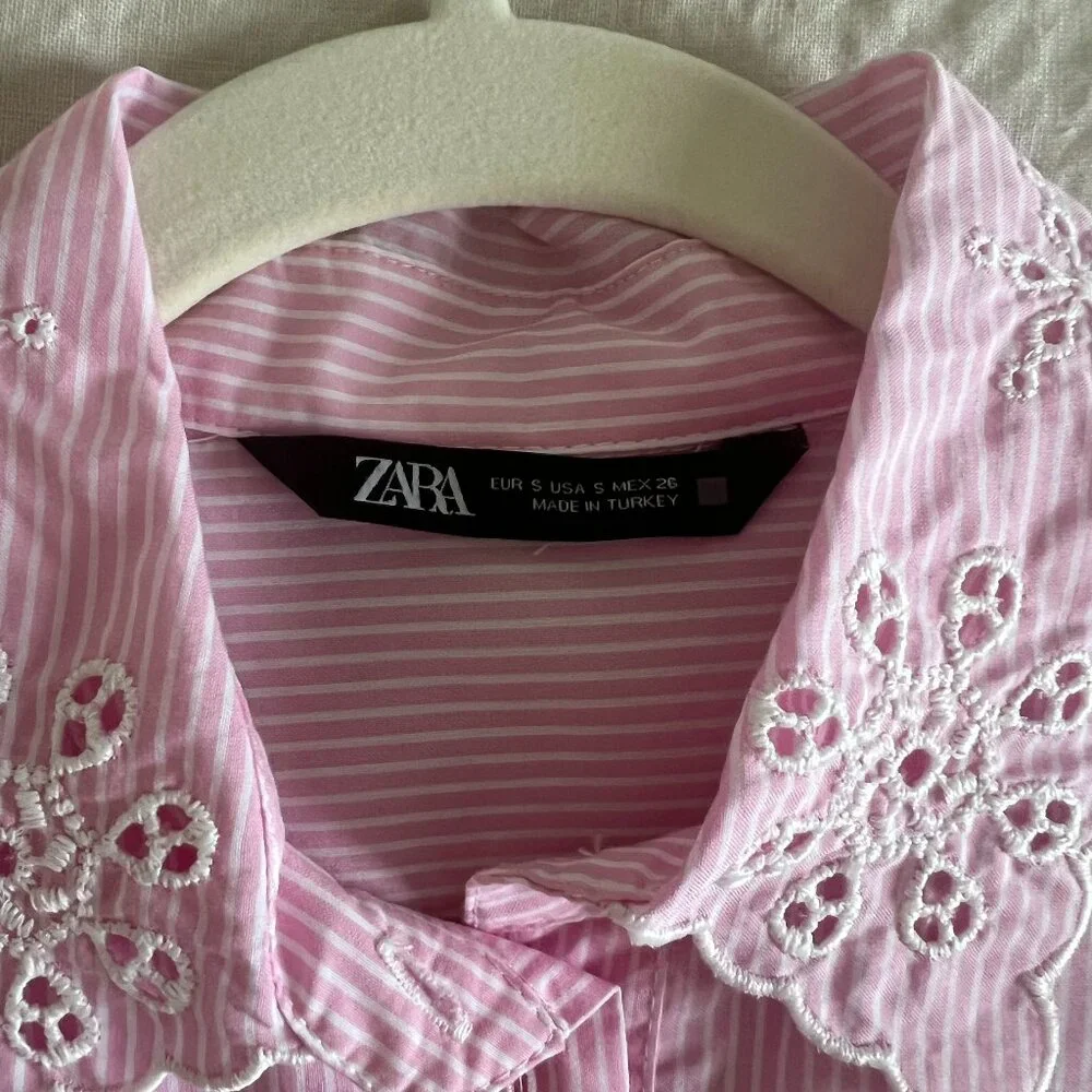 ZARA Pink Striped Eyelet Lace Collar Button-Down Shirt | Size S - Picture 5 of 5